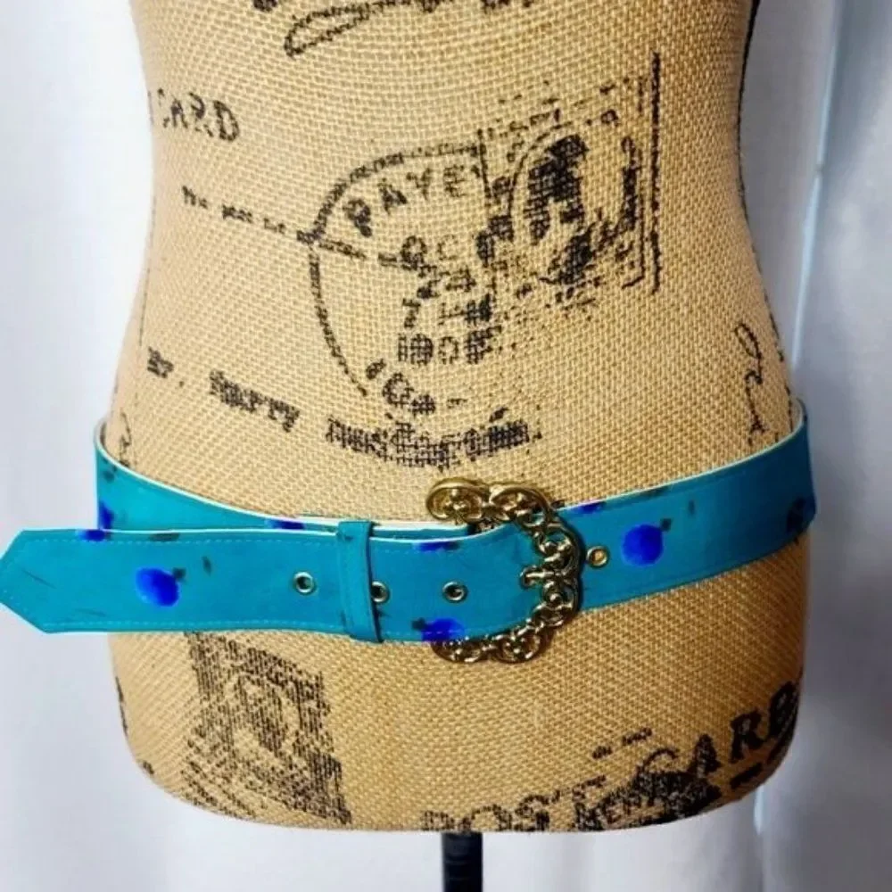 Vintage 80s 90s Teal Blue Whimsi Floral Fabric Chunky Gold Buckle Belt